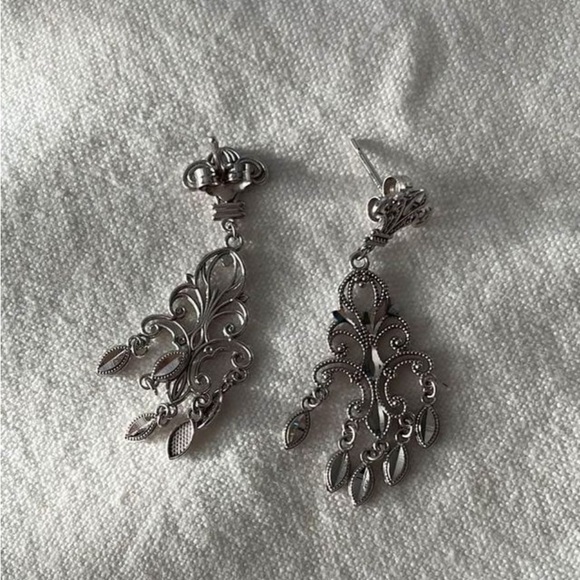 Littman Jewelers Silver Fleur De Lis Faceted Filagree Chandelier Earrings - Picture 2 of 4